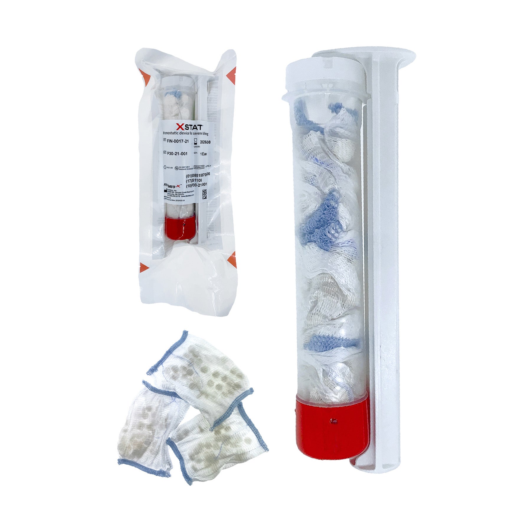 XSTAT P30 components showing pouched mini-sponge technology