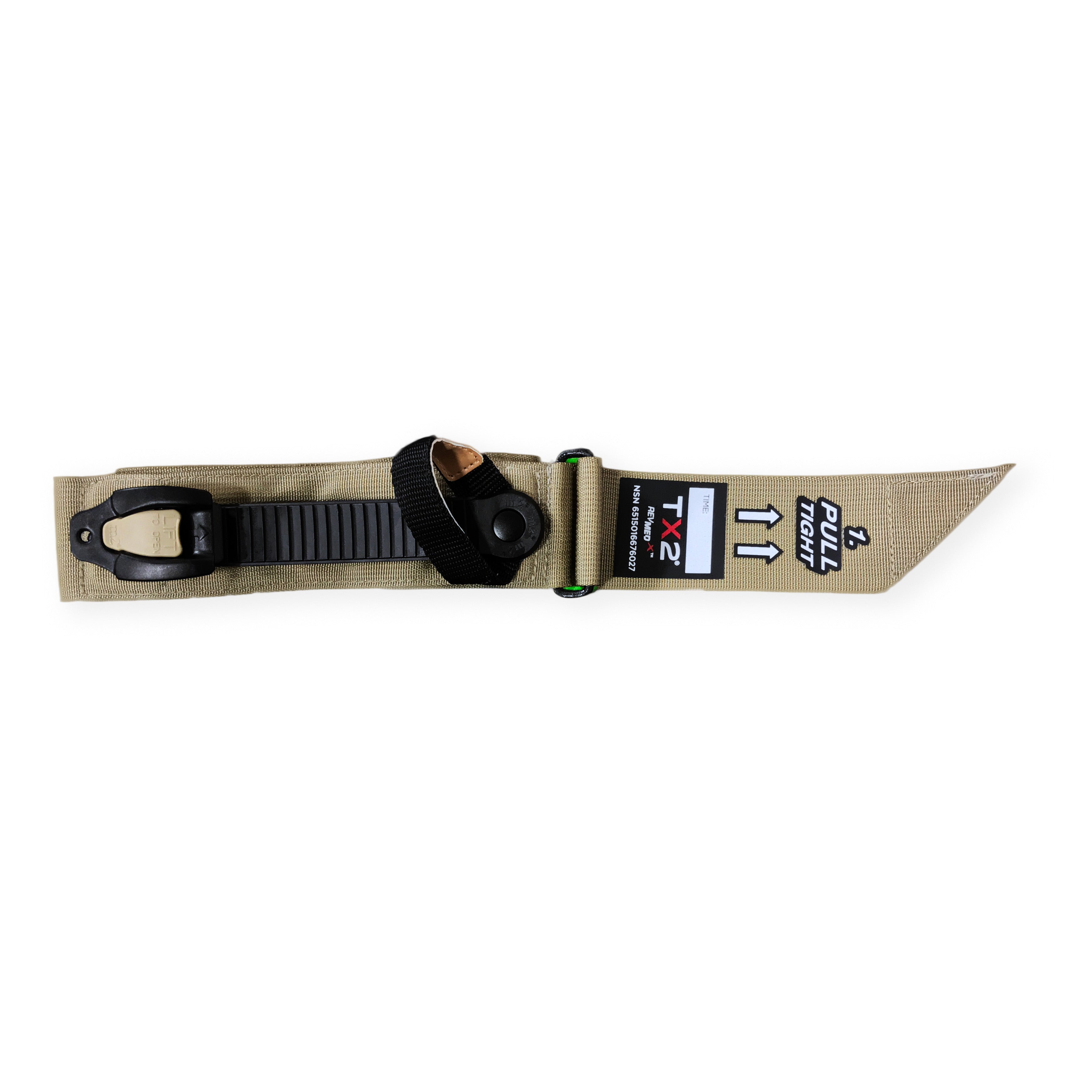 TX2 ratcheting tourniquet in black, showing full device with adjustable band and windlass mechanism for emergency hemorrhage control