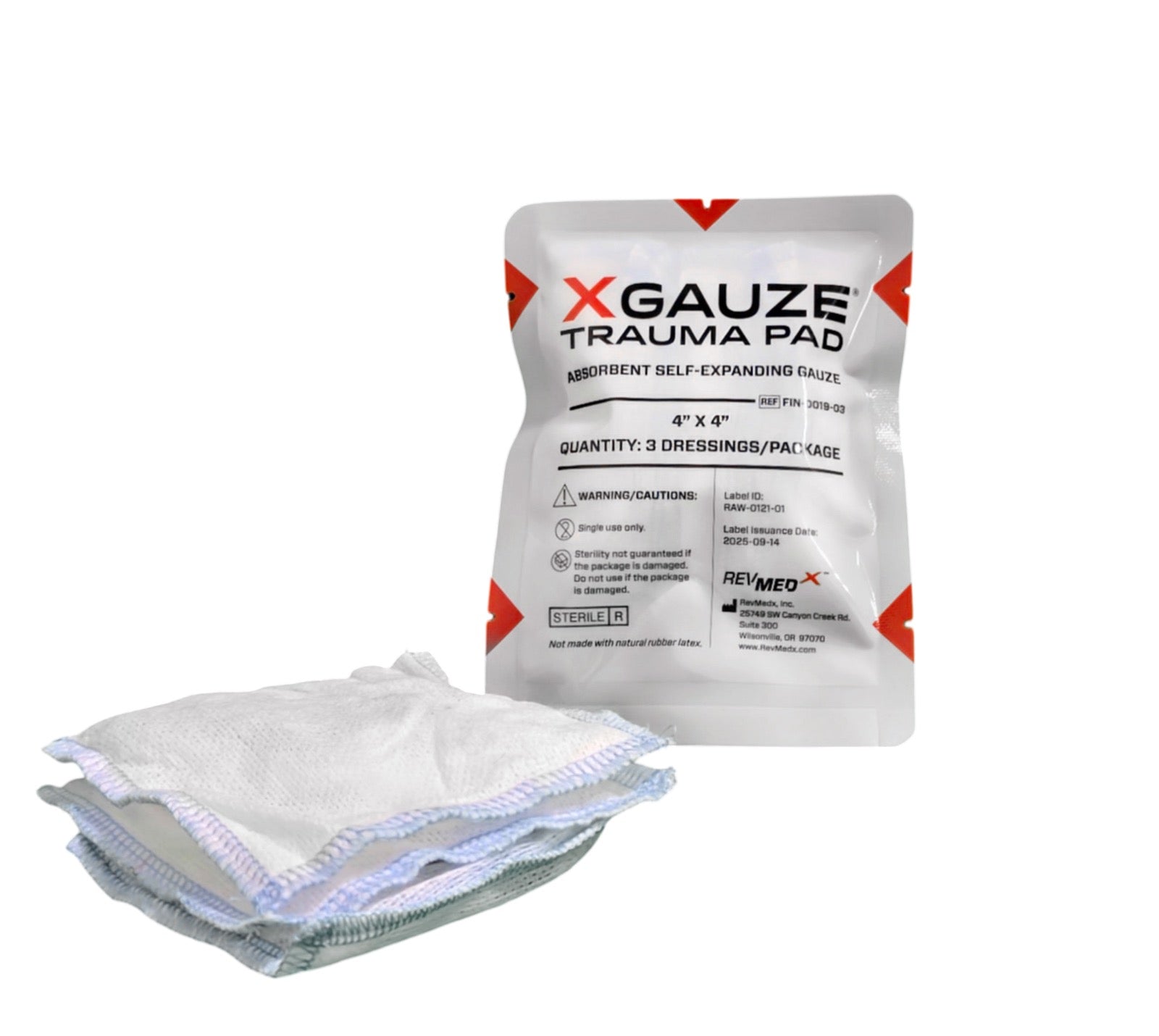 XGAUZE Trauma Pad packaging with gauze pad on a white background